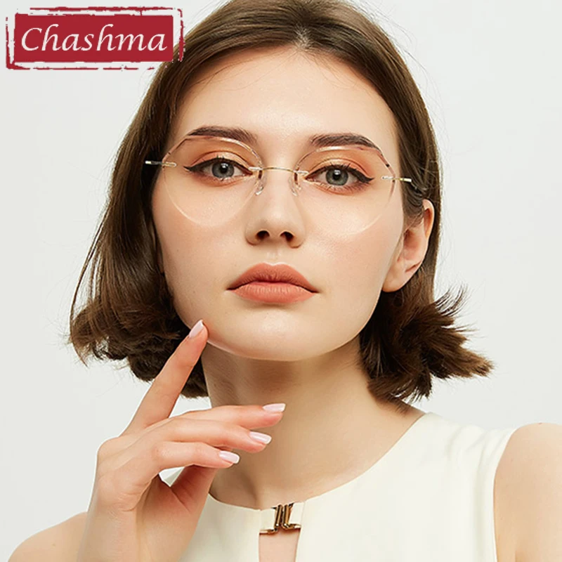Chashma Rimless Spectacles Titanium Female Trendy Eye Glasses Diamond Trimmed Spectacle Frames Women Sunglasses Tint Lens