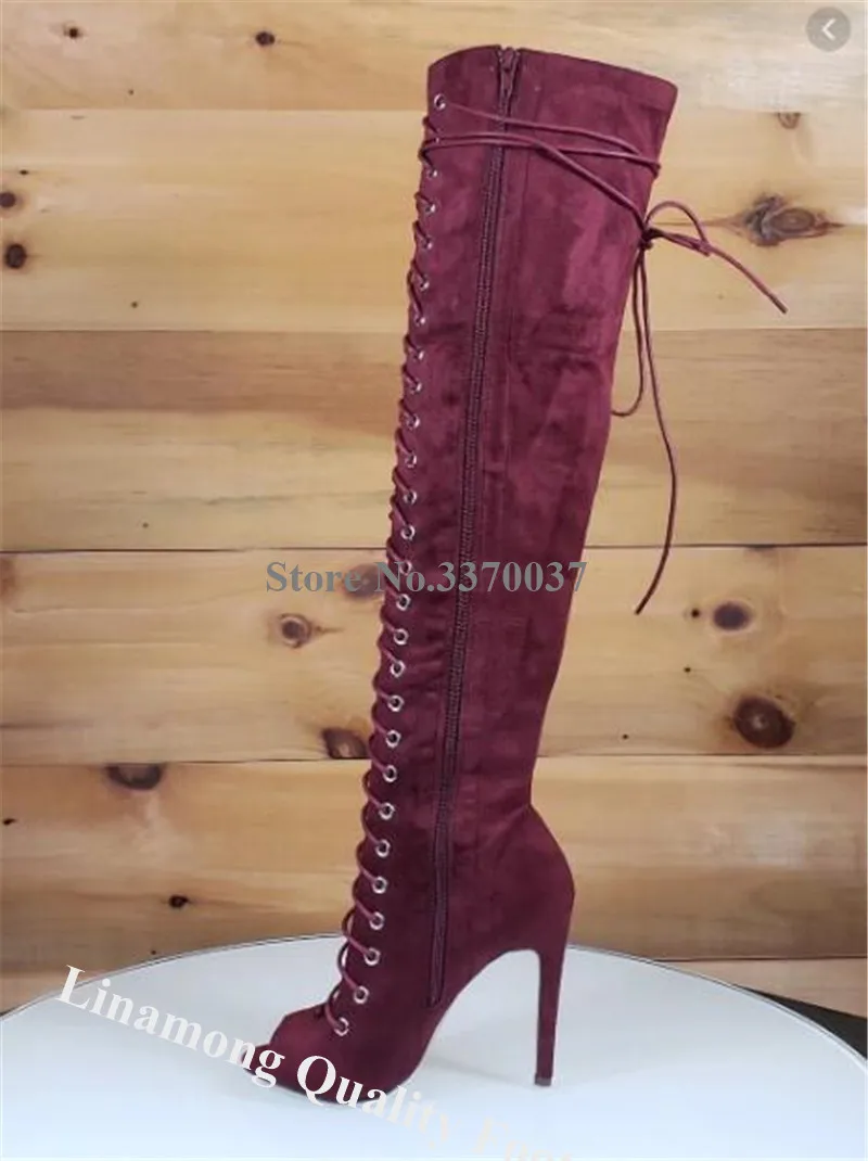 Women New Fashion Peep Toe Suede Leather Stiletto Heel Knee High Gladiator Boots Lace-up Long High Heel Boots Formal Dress Heels