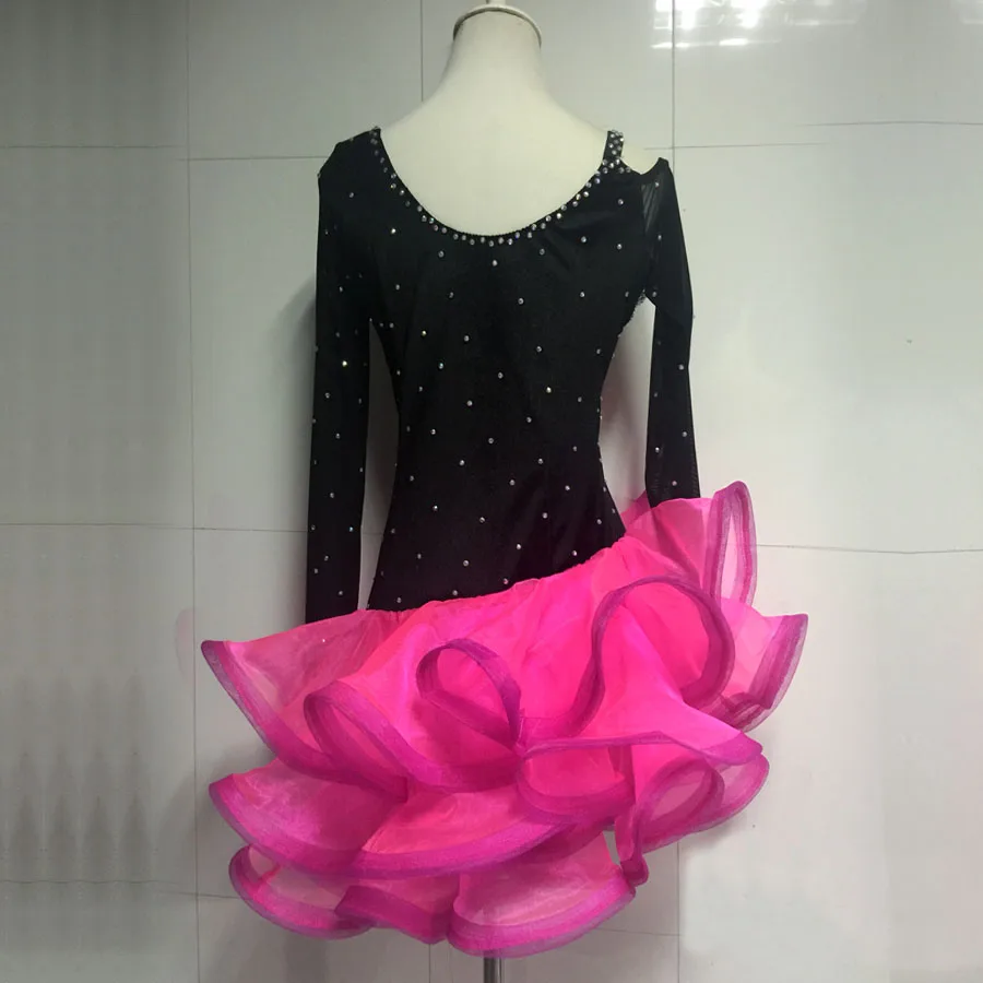 Vestido elegante de baile latino para mujer, vestido de baile negro con diamantes de imitación brillantes, Flamenco, Rumba, Salsa, falda Latina personalizada para niño