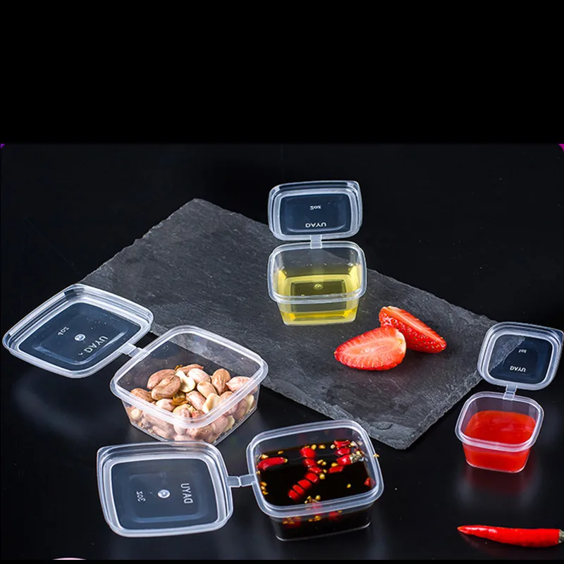 100pcs Seasoning cup disposable sauce box with lid conjoined 100ml pudding square packing box sealed takeaway plastic boxes