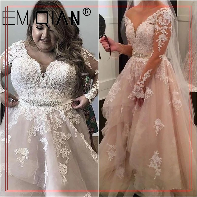 Vestidos de novia árabes de encaje con cristales de talla grande, vestidos de novia con cuello en V y mangas largas, vestidos de novia sexis Vintage