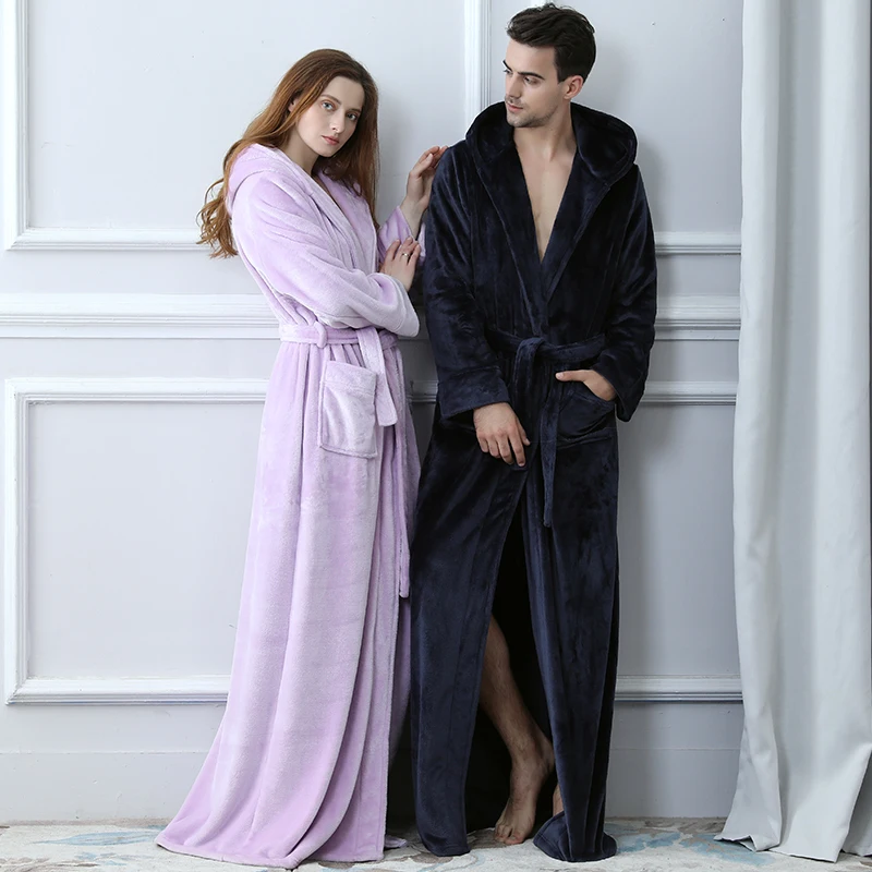 

Men Winter Plus Size Long Warm Coral Fleece Bathrobe Hooded Flannel Bath Robe Body 40-110KG Cozy Dressing Gown Women Sleepwear