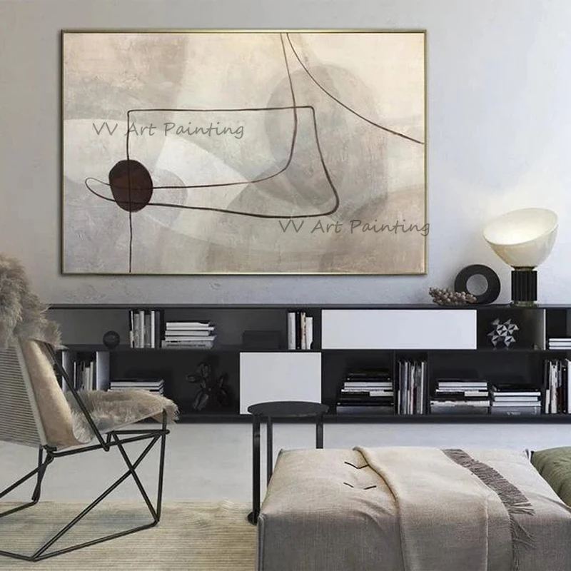 Minimalist Canvas Painting,Original Hand Painted Palette Knife Art,Soft Neutral Line Art, Bedroom Wall Decor Unframed