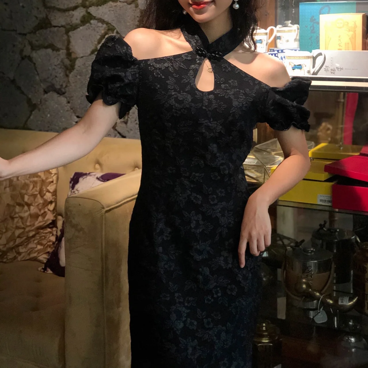 

Gothic Dress Qipao Chinese Traditional Costumes for Women Hollow Out Wedding Dresses Elegant Female Sexy Floral Print Fashion