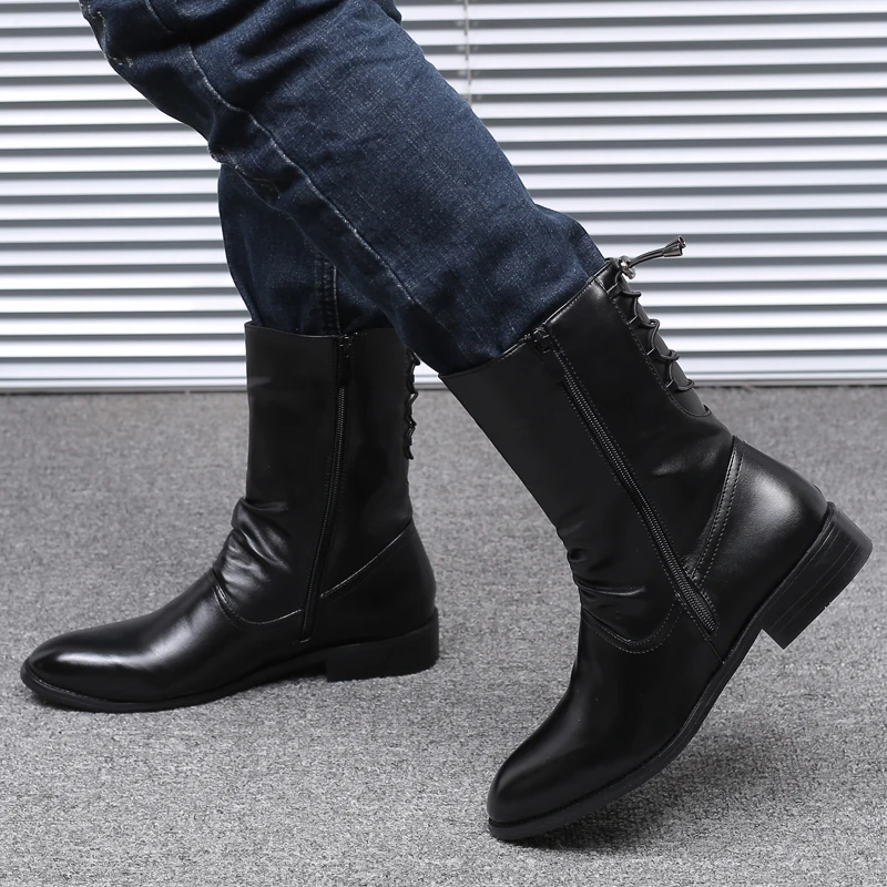 new fashion mens nightclub motorcycle mid-calf high boots cow leather shoes autumn winter long botas masculina calzado hombre