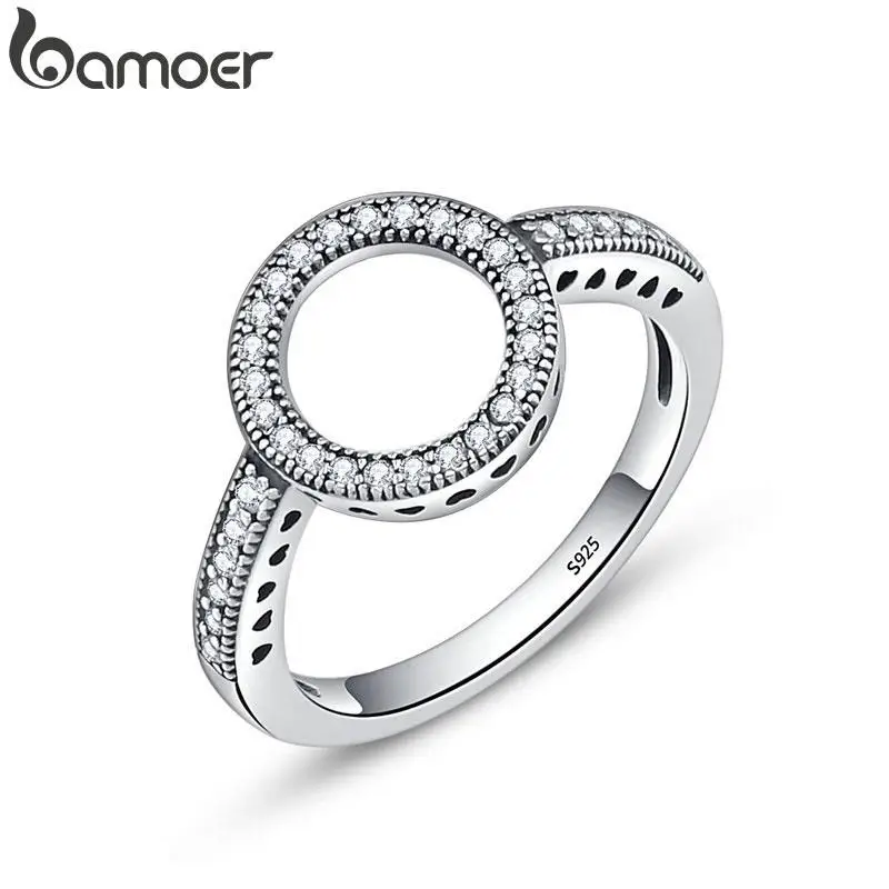 BAMOER 100% Genuine 925 Sterling Silver Forever Clear CZ Circle Round Finger Rings for Women Jewelry Christmas Gift SCR041