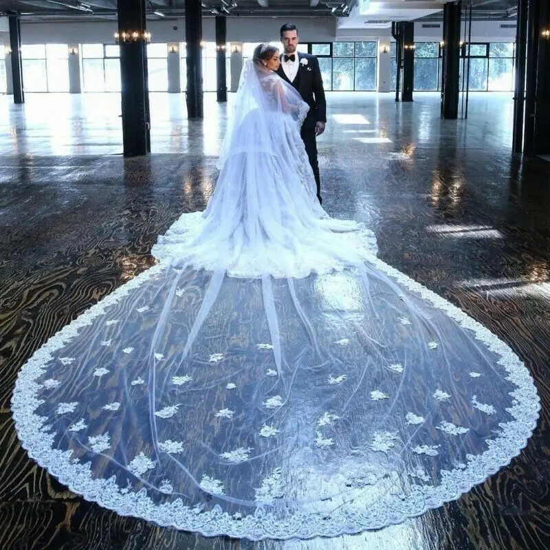 Luxury New White Ivory 3M 2T Cathedral Chapel Wedding Veils Free Comb Lace Appliques Bridal Accessories Custom Made Veil