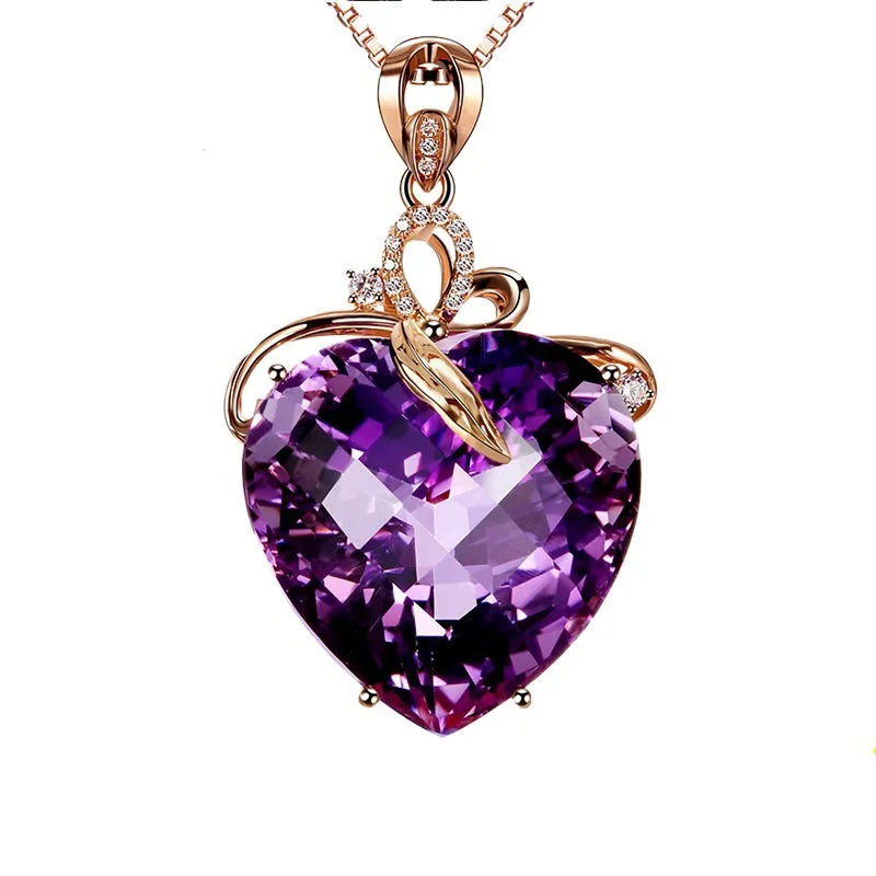 Heart Shape 18K Rose Gold Pendant Amethyst Stone Silver Color Party Wedding Pendant necalace for women Statement Jewelry