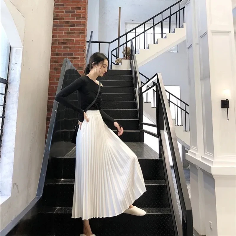 Korean Pleated Skirts Chiffon Long Midi Skirts Women Clothes 2021 Spring Summer Elegant Women White Black High Waist Skirts New