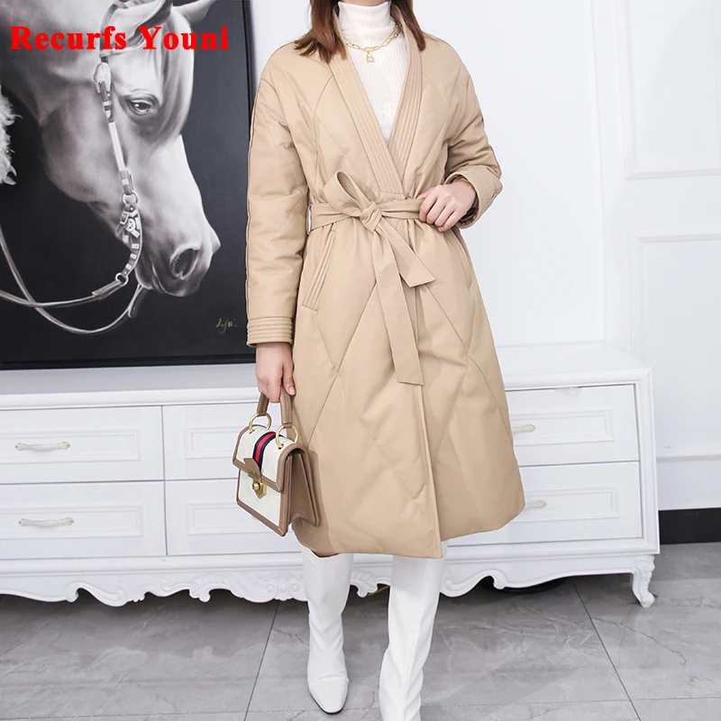 Women Genuine Leather Down Jacket Female Sheepskin V-Neck Check Overcoat With Belt Mujer Mid-Length Pocket Warm Coat Thick Parka