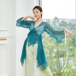 Adult Classical Chiffon Belly Dance Side Tie Top Split Transparent Cardigan Blouse Long Costume for Women Dancing Clothes Wear