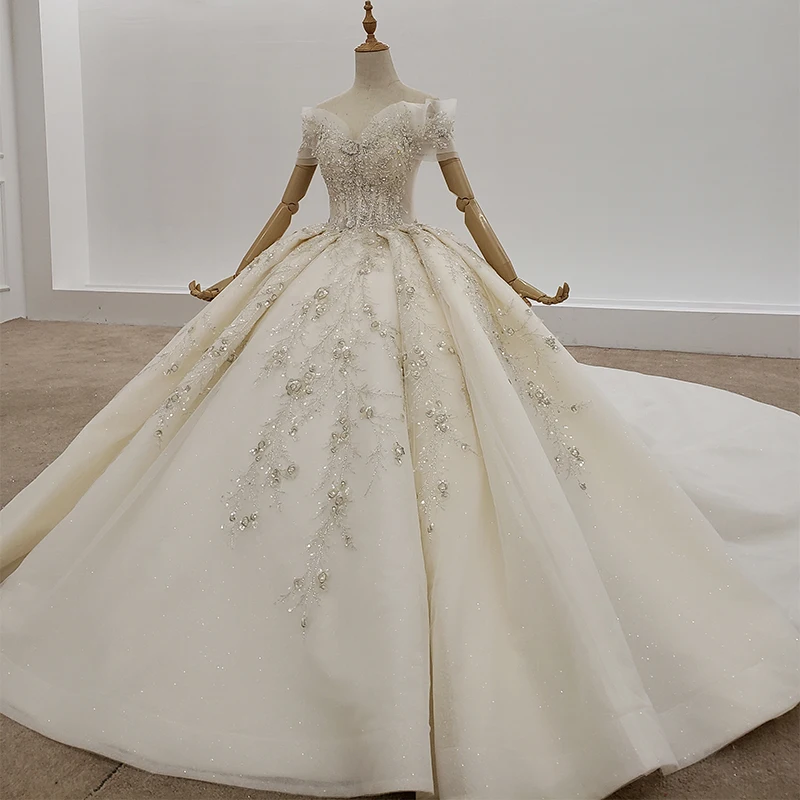 HTL1317-Vestido De novia con lentejuelas De cristal, y hombros descubiertos con escote en forma De corazón, De manga corta, con apliques y cuentas, 2021