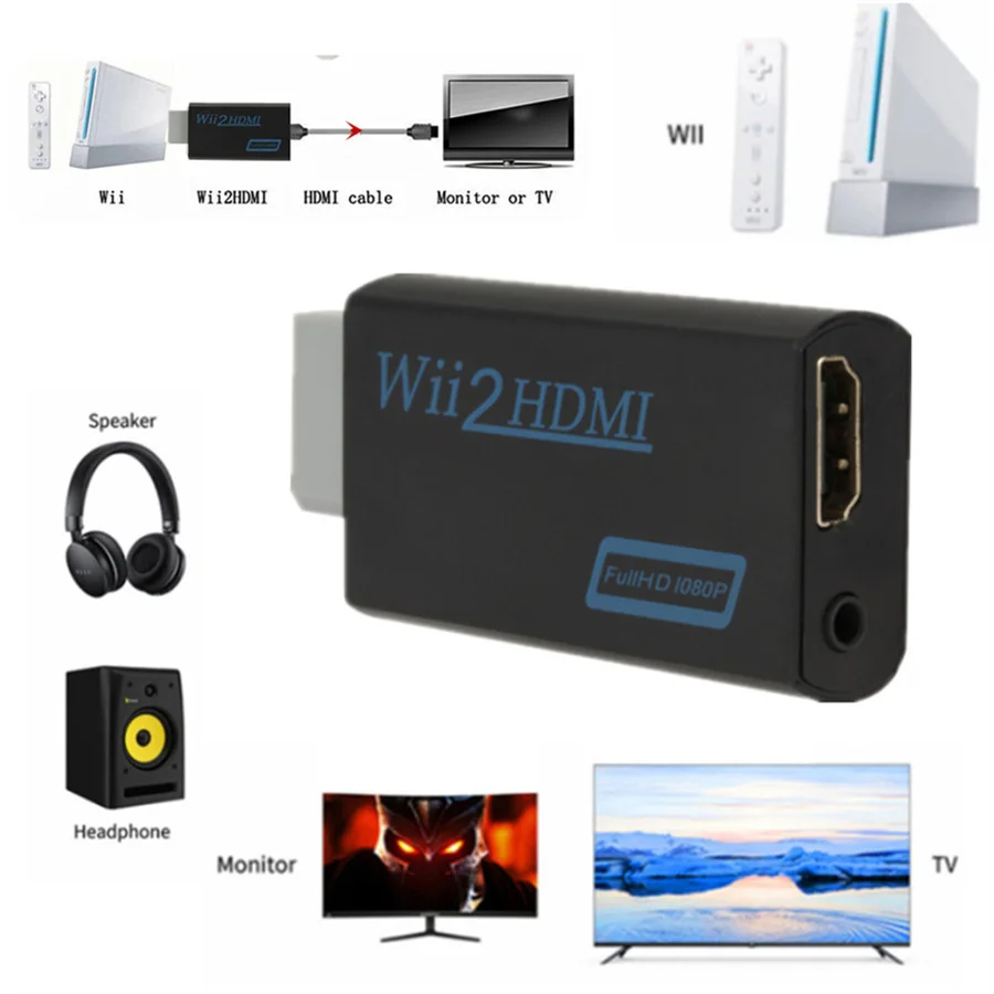 WII au Convertisseur HDMI Full HD 1080P WII vers HDMI Wii 2 HDMI ConverterWii À HDMI Adaptateur 3.5mm Audio pour PC Moniteur HDTV D'affichage