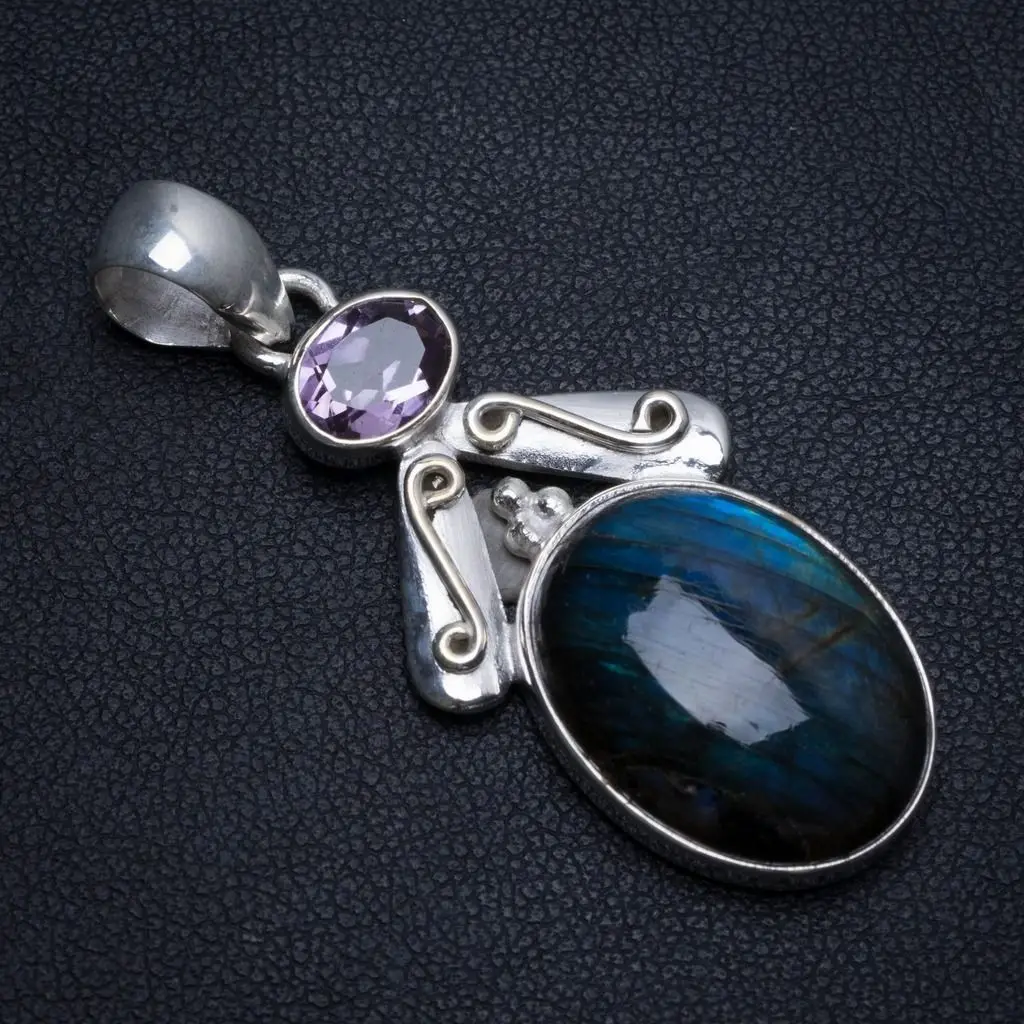 

Natural Labradorite and Amethyst Handmade Mexican 925 Sterling Silver Pendant 2" T0046