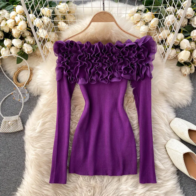 Sexy Slash Neck Off Shoulder Knitted Tops Women Elegant Purple/Red/White 3D Flower Long Sleeve Slim Shirt Female Blouse Spring