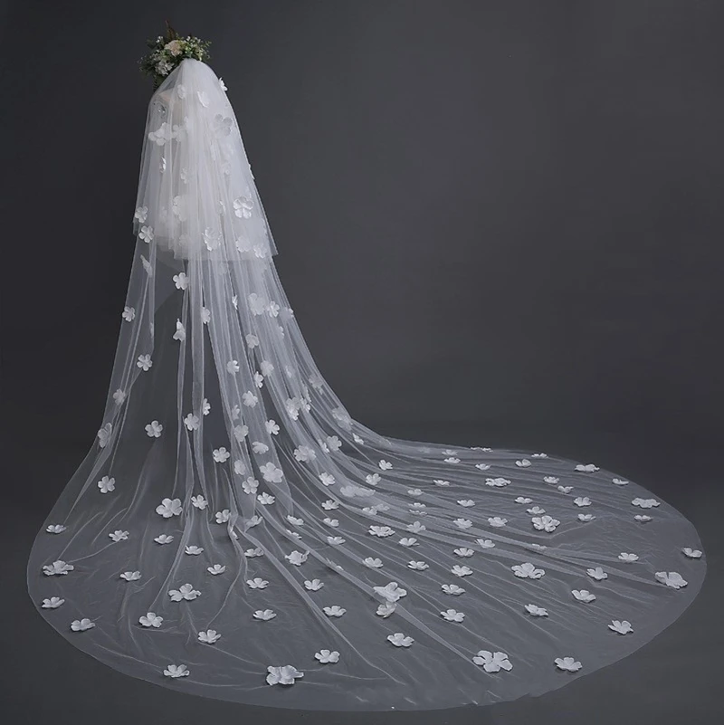 New Arrival Ivory Bridal veil Two Layers 3D Flower Cathedral Wedding veils with Comb tocado novia