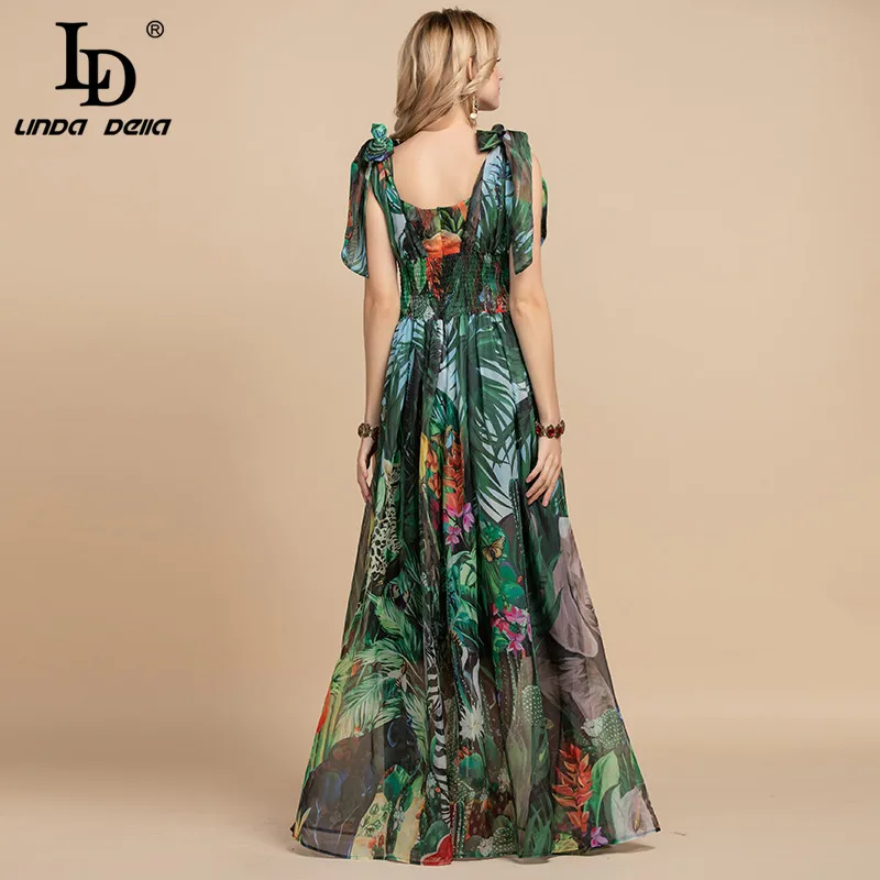 Imagem -06 - Linda Della-vestido Longo com Estampa de Flores para Mulheres Decote em v Elástico Vintage Estilo Boho Tamanho Grande Moda Verão ld