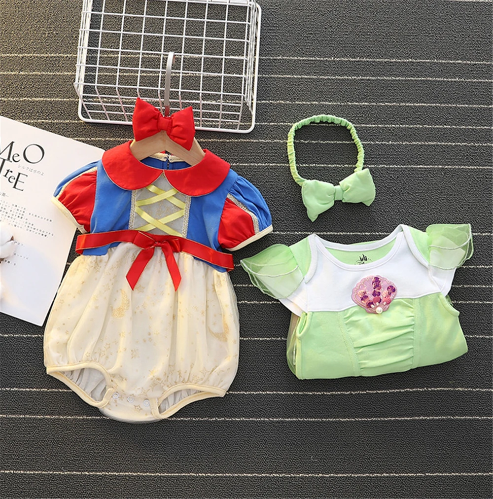 1 2 Years Baby Girls Halloween Tinker Bell Costume Newborn Princess Elsa Dress Up Snow White Puff Sleeve Romper Bow Headband