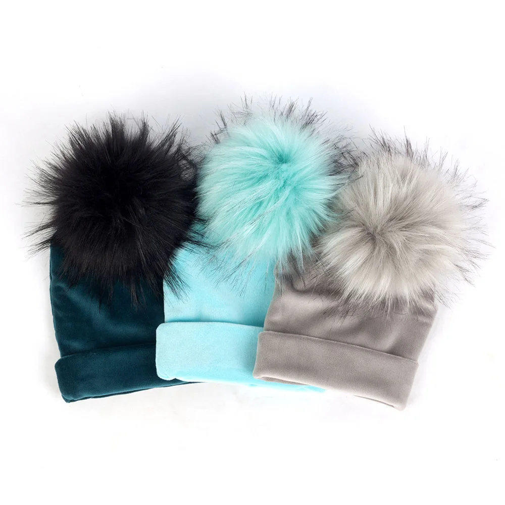 Soft Newborn Baby Hat Thick Flannel Beanies With Faux Raccoon Fur Pompom Girls Boys Warm Candy Color Hat