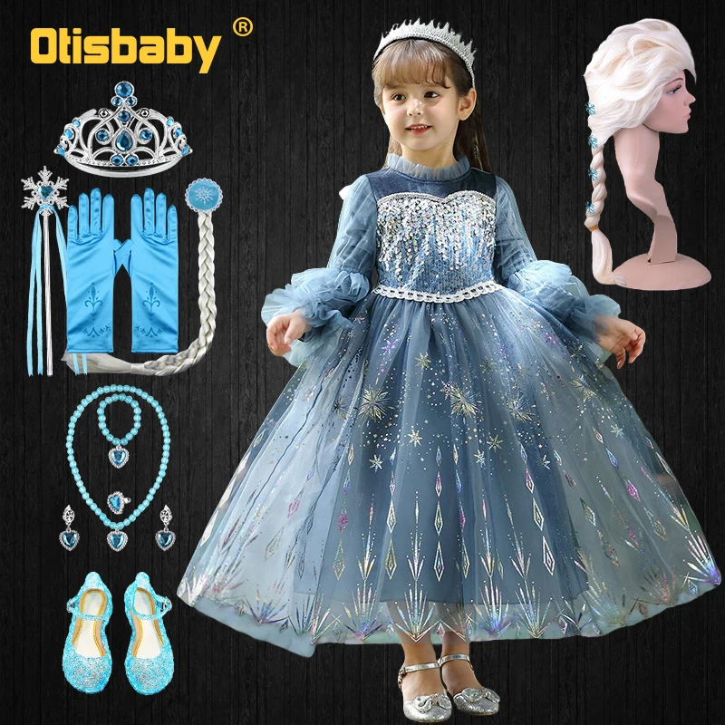 

Autumn Winter Long Sleeve Tulle Halloween Girls Tulle Elsa 2 Costume Children Sequins Shining Print Snow Queen Princess Dress