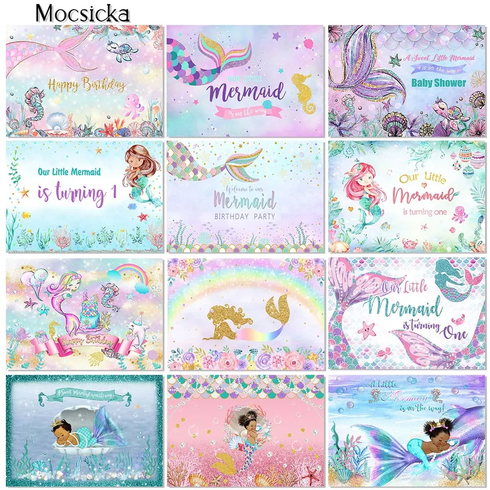 MOCSICKA-Toile de fond d'anniversaire sirène pour fille, 1er anniversaire, décoration de fête, bannière, baby shower, accessoires photo, fond de stand de studio