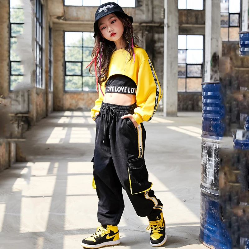 Children Hip Hop Clothes Girls Jazz Street Dance Costume Kids Sweatshirt Pants Set Ballroom Dancewear Stage Rave Clothing DQS352