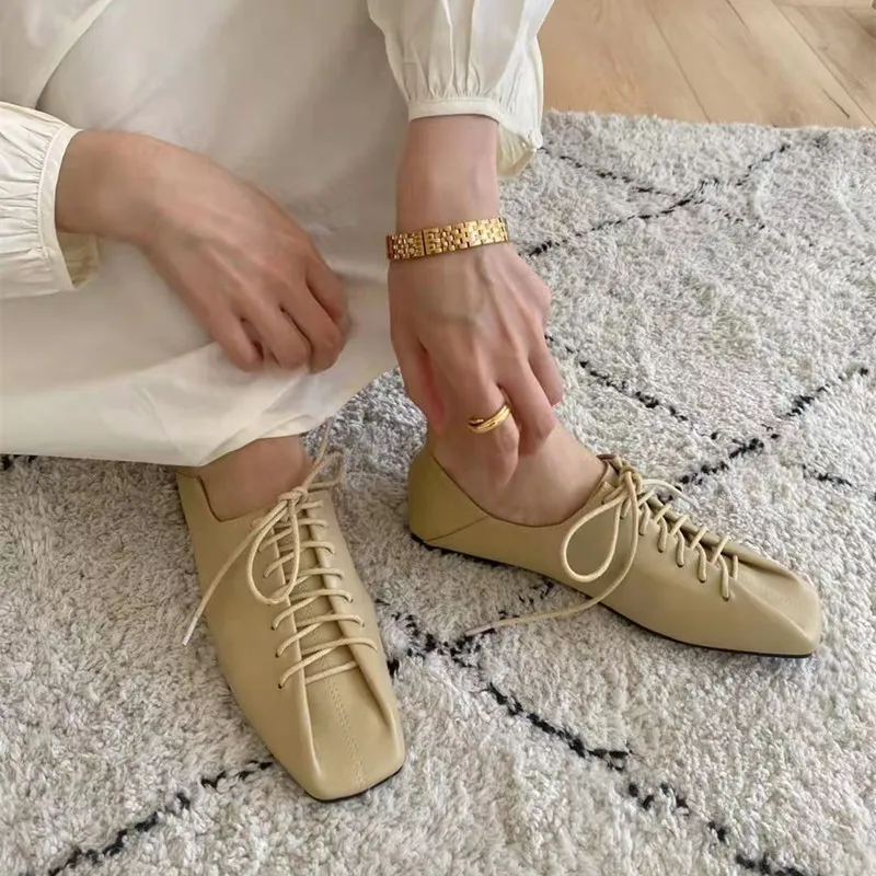 Bailamos 2021 Women Flats Lace Up Ladies Square Toe Flat Heel Sandals Spring Loafers Shoes  Casual Oxford Shoes Female Flats Sli