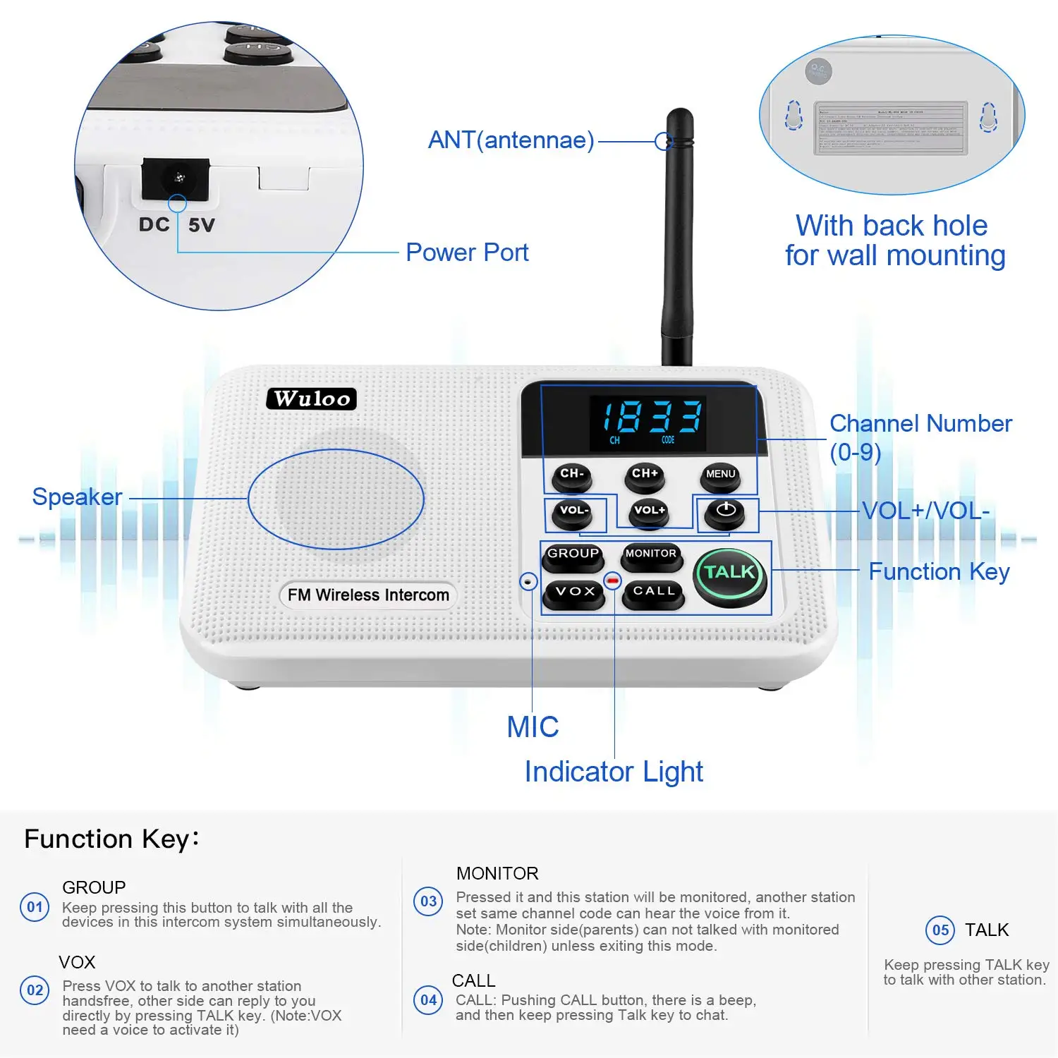 Wuloo Wireless Intercom System For Home House Business Office 1 Mile Range Room to Room Intercom Communication