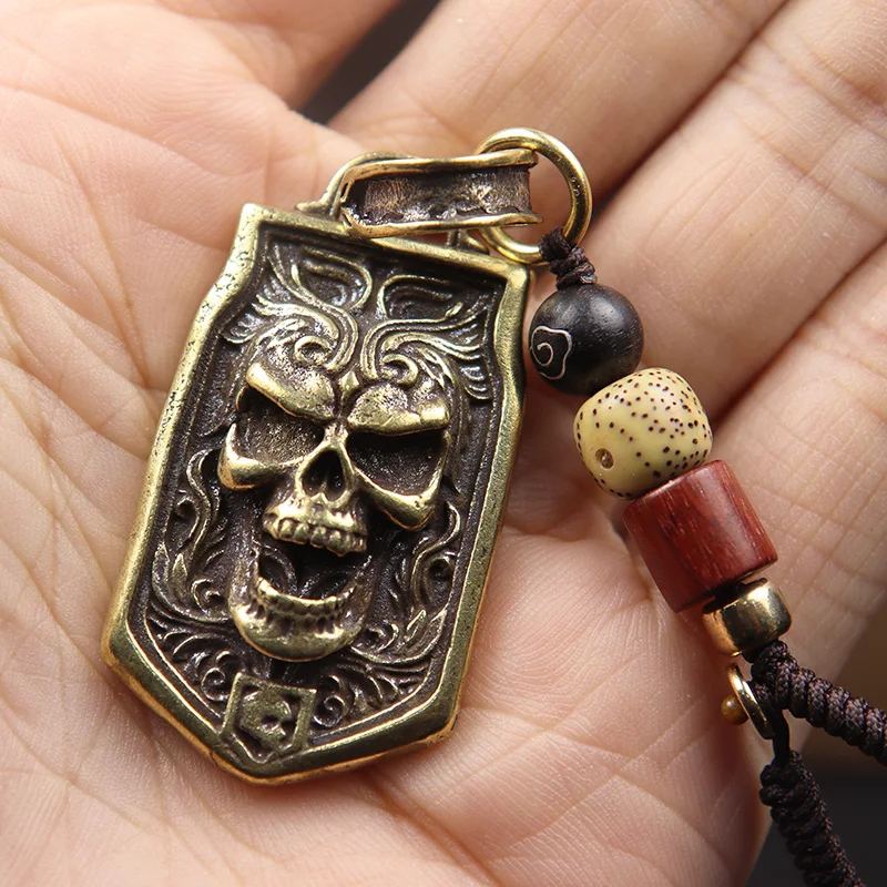 Vintage Skull Head Hanging Tag Lanyard Pendants for Keychain Punk Rock Hip Hop Men Trendy Jewelry Pure Brass Cool Keyring Charms - view 2
