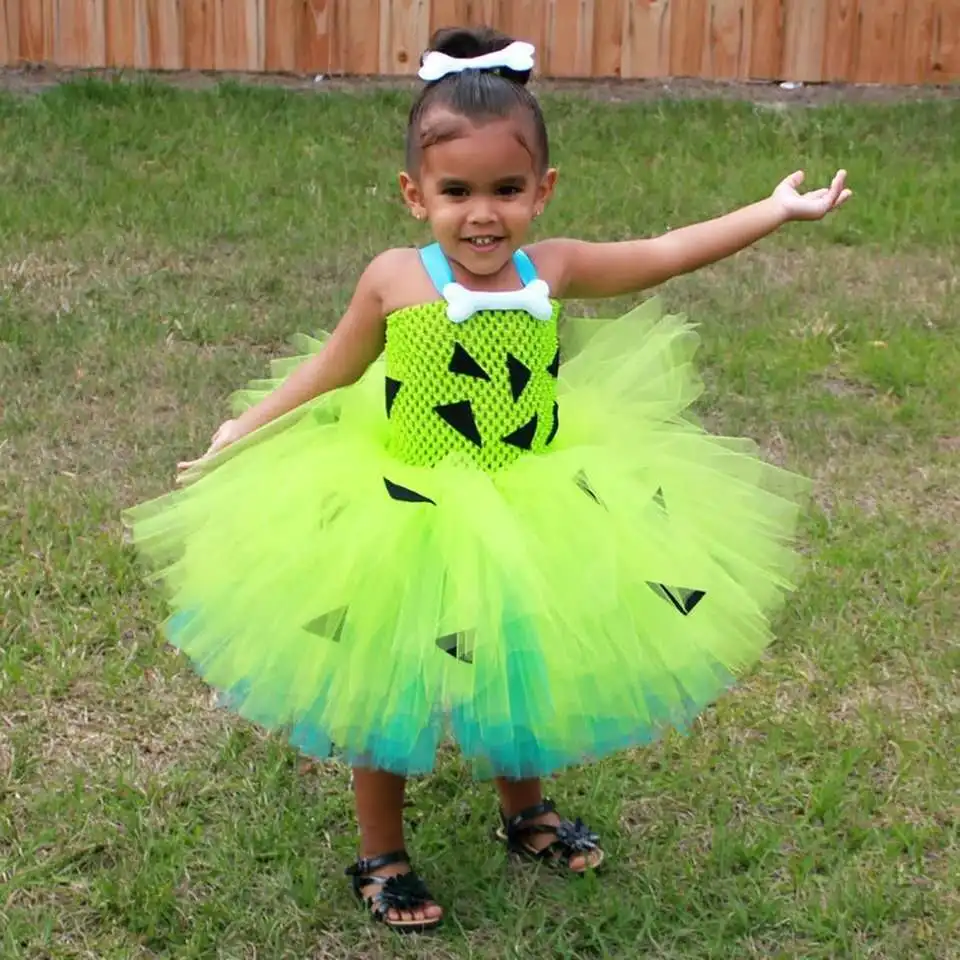 

Kids Pebbles Costume Baby Toddler Girls Light Green Blue Caveman Flinstone Tutu Dress 1-9y Child Halloween Party Clothes Set