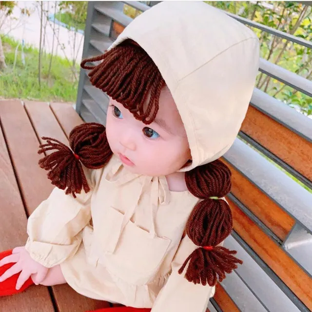 Cute Spring Autumn Infant Baby Girl Princess Hat Khaki Hair Pigtail Braid Wig Cap 2 pcs Set Children Kids Girls Hats and Caps