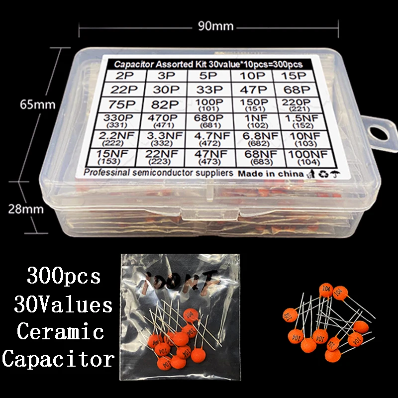 300pcs 30Values 2pf-0.1uf 100nf Ceramic Capacitor Kit 2/3/5/10/15/22/30/33/47/68/75/82/100/220/330/470/680/pf/p 1/1.5/2.2/3.3/NF