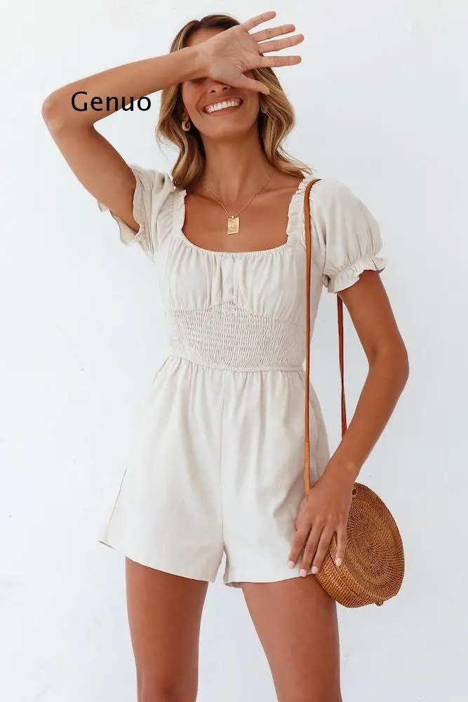 

Casual Cotton Puff Sleeves Romper Summer Square Neck Smocking Waist Women Rompers Holiday Solid Ruffled Playsuits 2021