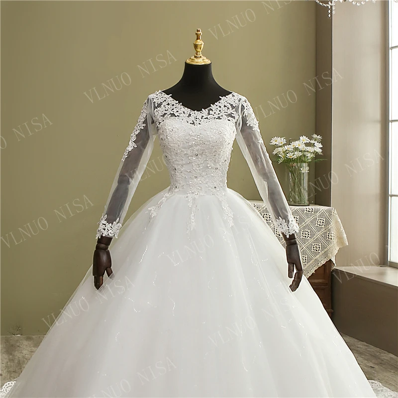 Mode Elegante Spitze Stickerei Langarm Hochzeit Kleid mit Zug Echt Bild Kleid V Neck Schöne Plus Größe Vestido De noiva