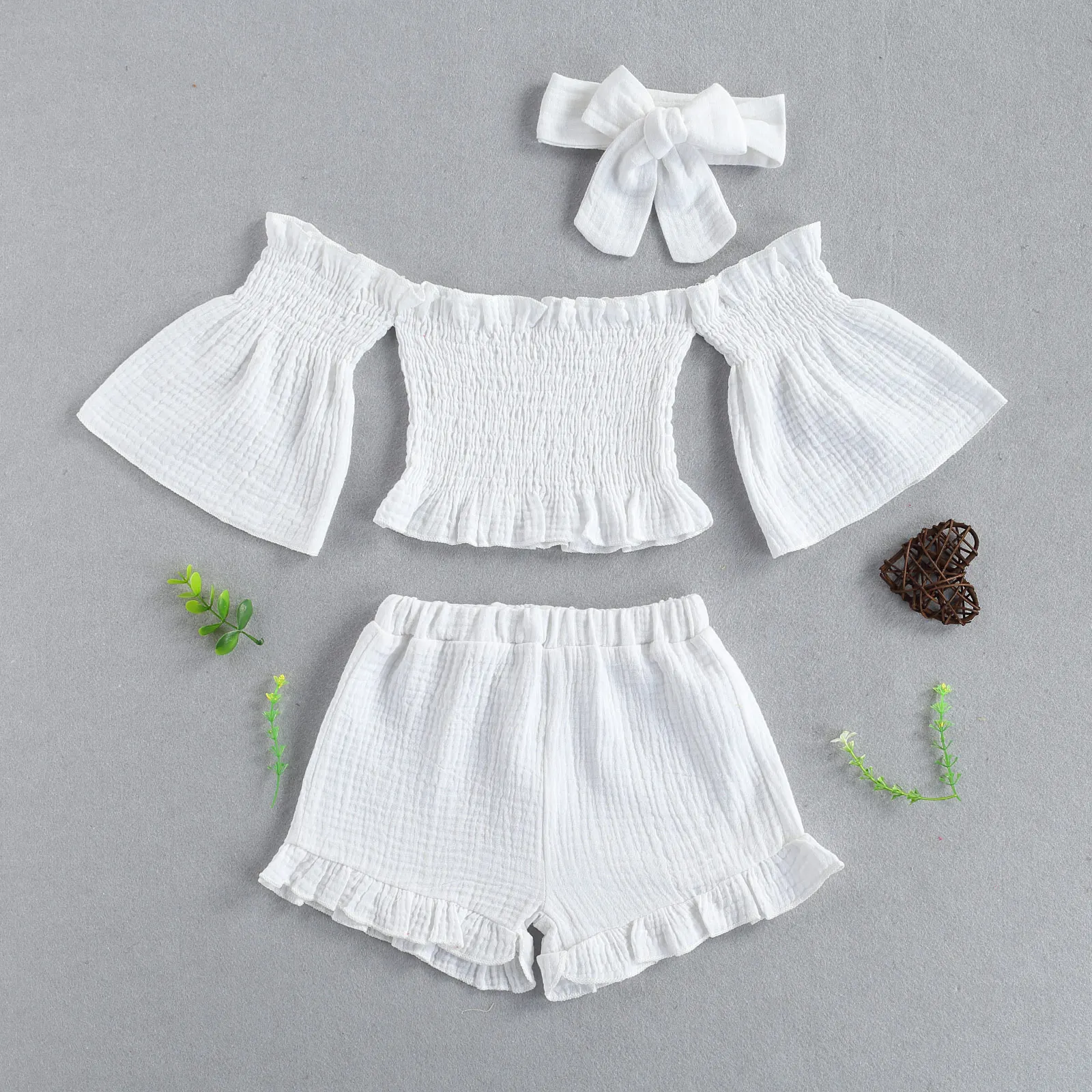 2021-02-27 Lioraitiin 3Pcs Set 1-6Years Toddler Baby Girl Summer Fashion Clothing Long Sleeve Solid Top Shirt Shorts Headband