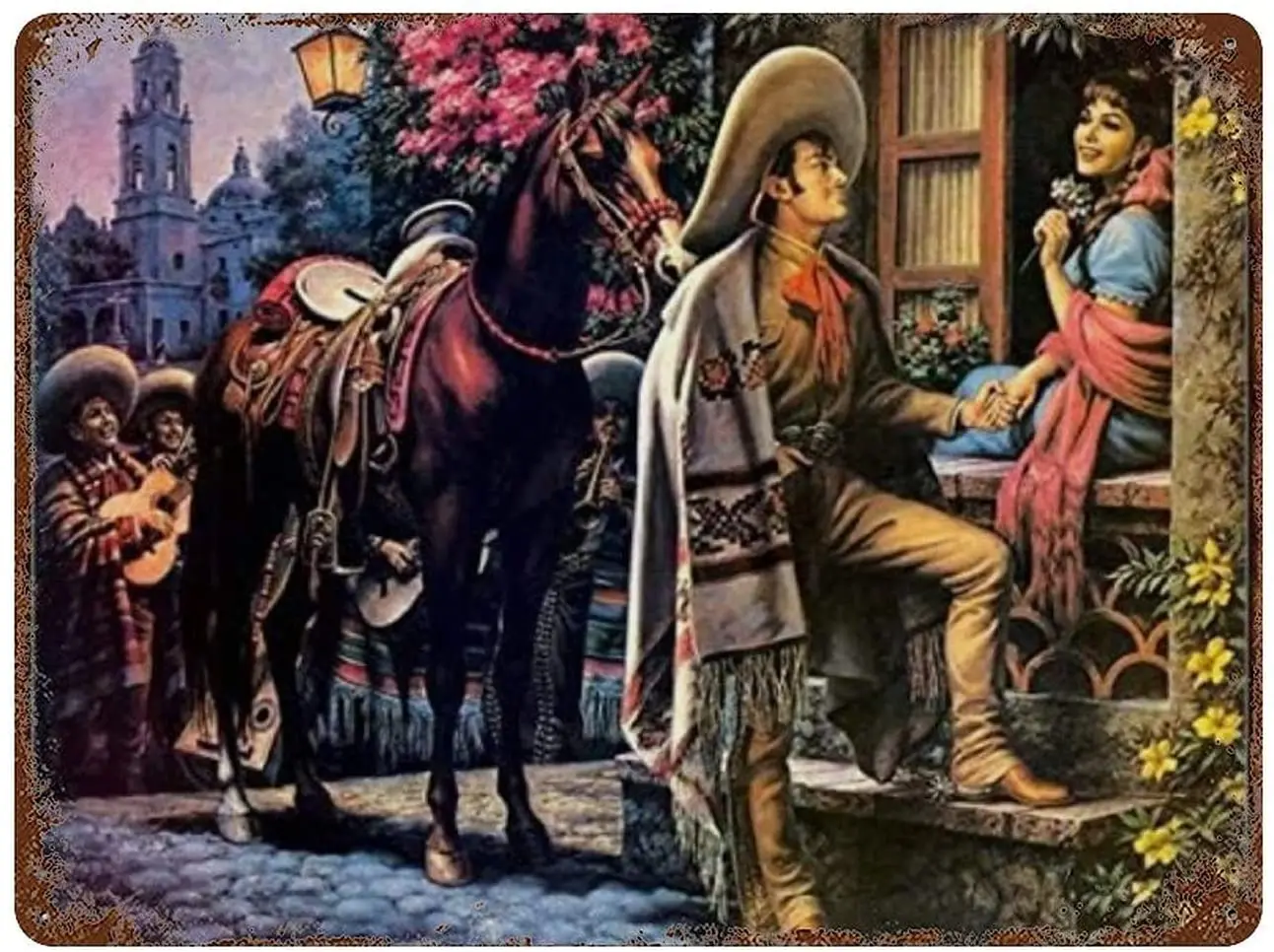 JEFCY Vintage Chic Art Decoration Poster The Cowboy Leads The Horse to Visit The Beloved Girl for Store Bar Home Cafe Farm