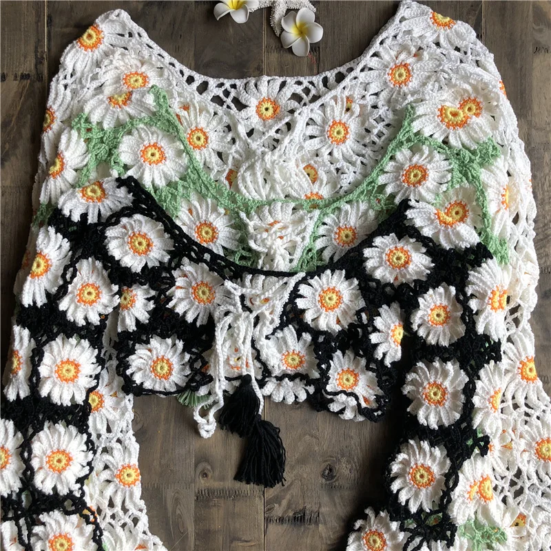 Sexy V Neck Crop Top Women Summer 2021 Handmade Crochet Long Sleeve Beach Wear Cover Up Dress Hollow Out Beachwear Femme Tunic