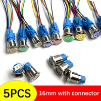 Botón pulsador de Metal de 16mm, lámpara de anillo, botones de símbolo de alimentación, luz LED impermeable, autobloqueo, reinicio automático, 5 uds. Con conector de 12v