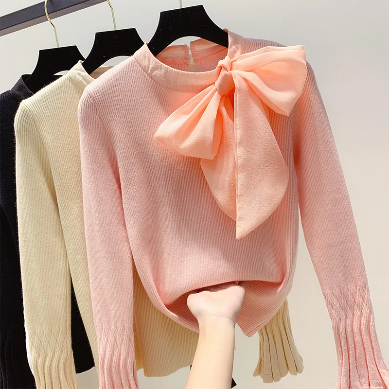 Autumn Winter Retro Tie 3D Bow Decors Sweater Flare Sleeve Pullovers Bottoming Knitted Shirt Long Sleeve Tops Blusas Mujer 2019