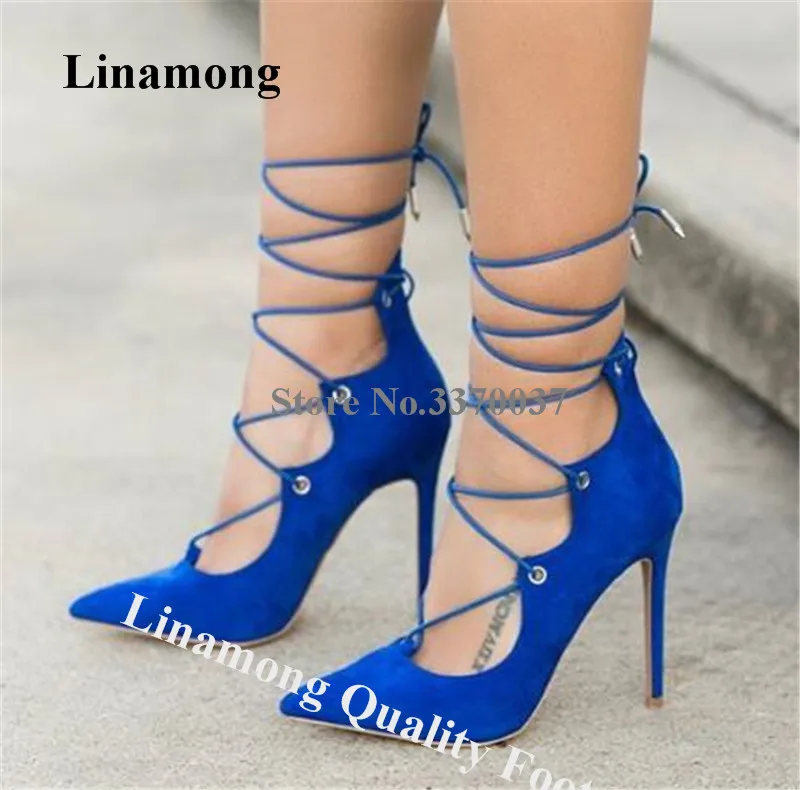 

Linamong Classical Fashion Pointed Toe Stiletto Heel Pumps Lace-up Straps Cross Blue Suede Leather High Heels Formal Dress Heels