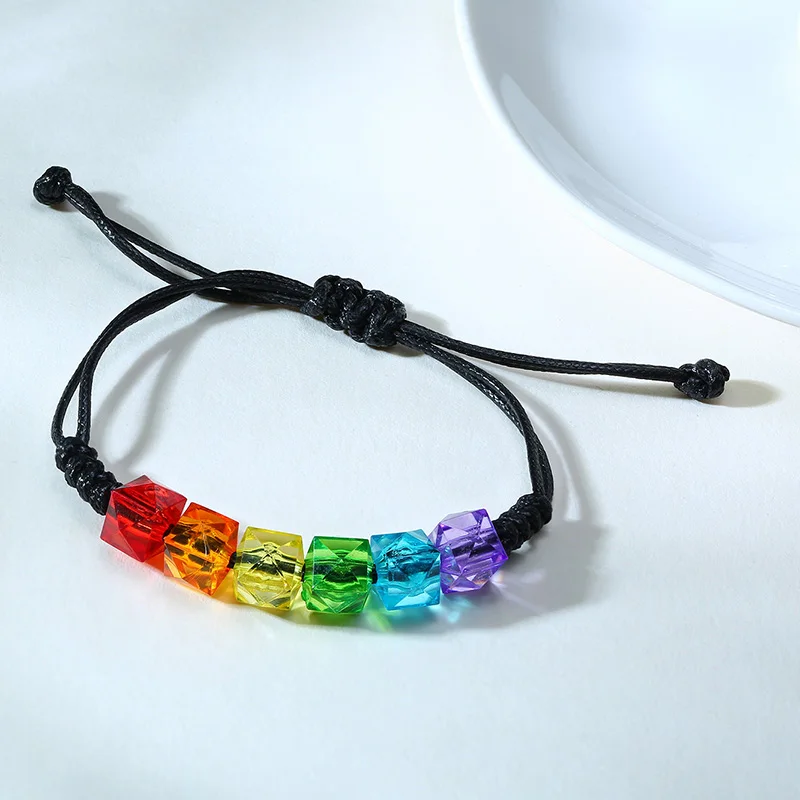 2022 Fashion Rainbow Plastic Colorful Beads Wax Rope Adjustable Length Braided Personalized Bracelet Suitable For Couples