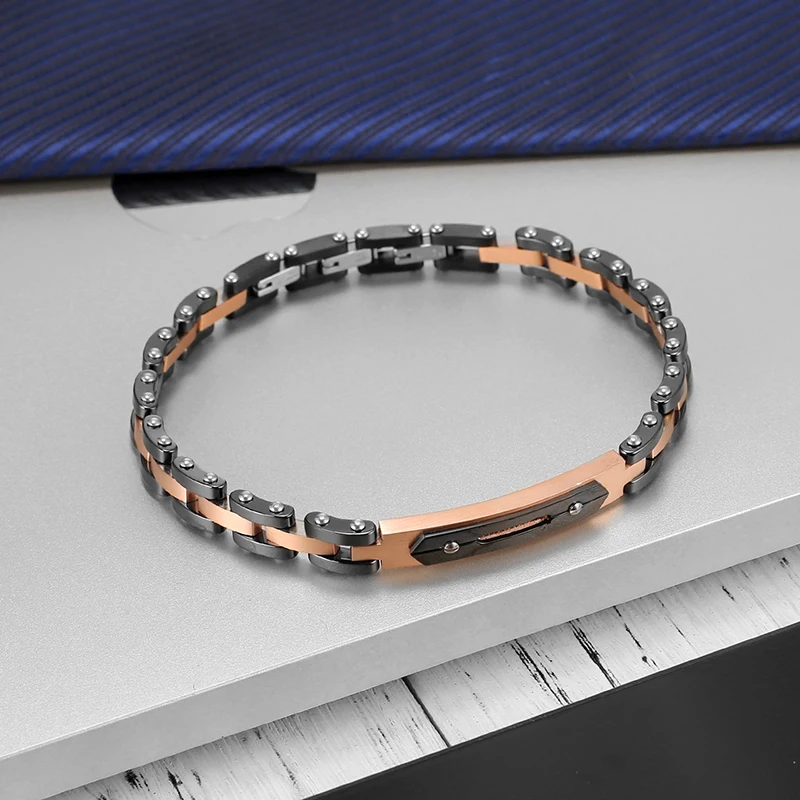 

Moocare Fashion Stainless Steel Bracelet Rose Gold Metal with Black Ceramic and Inlaid Zircon Men's Wrist Chain