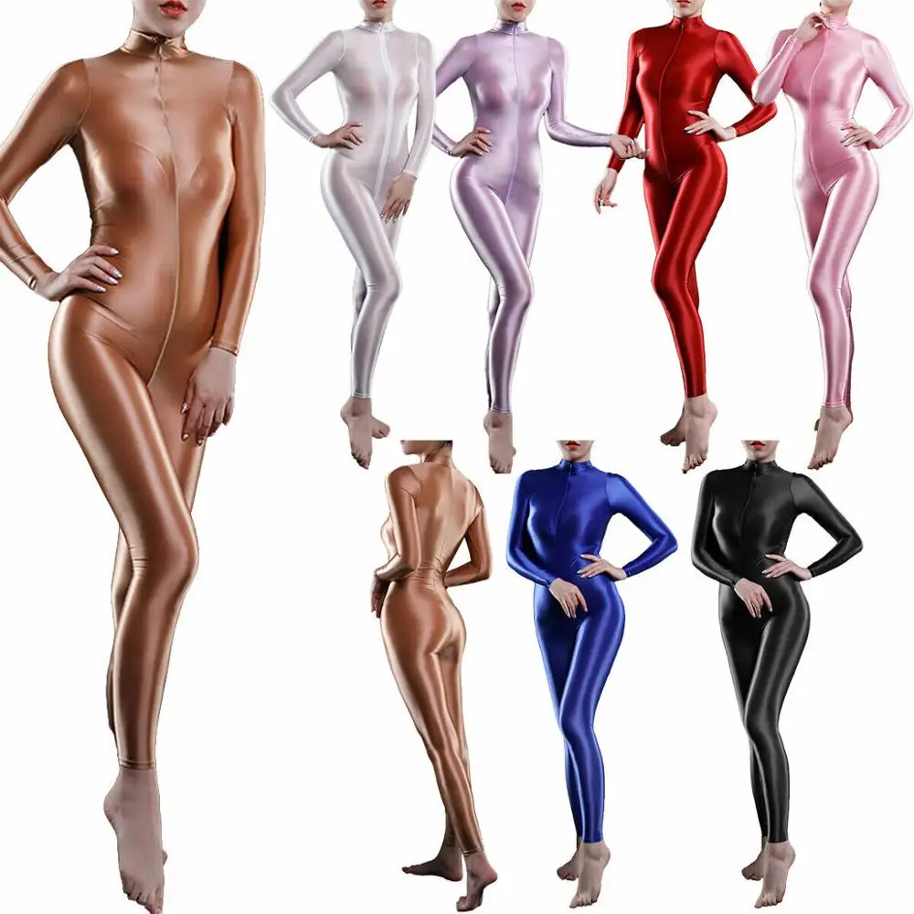 Women Shiny Spandex Long Sleeve Dance Jumpsuit Zipper Crotch Semi See Through Unitard Full Body Dancewear Catsuits Girls