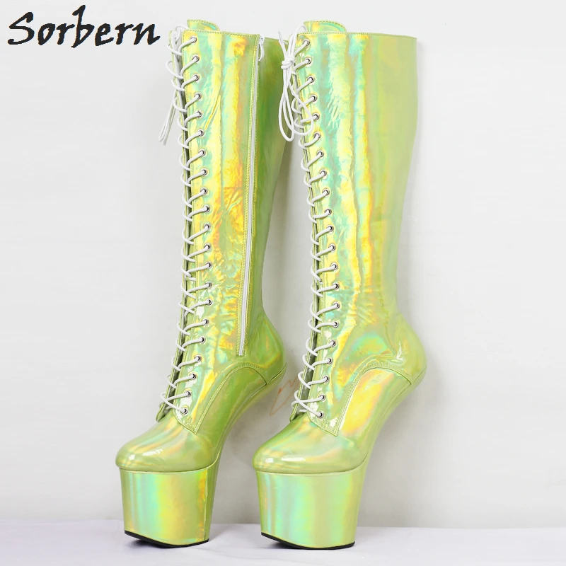 Sorbern 8 Inch Heelless Boots Women Drag Queen Hoof No Heel Horse Heeled Platform Knee High Boots Fetish Plus Size 36-46