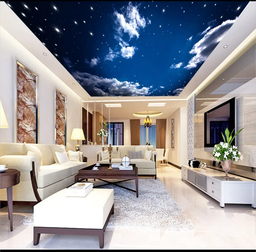 

Blue sky white clouds starry ceiling roof background Ceiling silk Wall Mural Wallpaper 3D ceilings