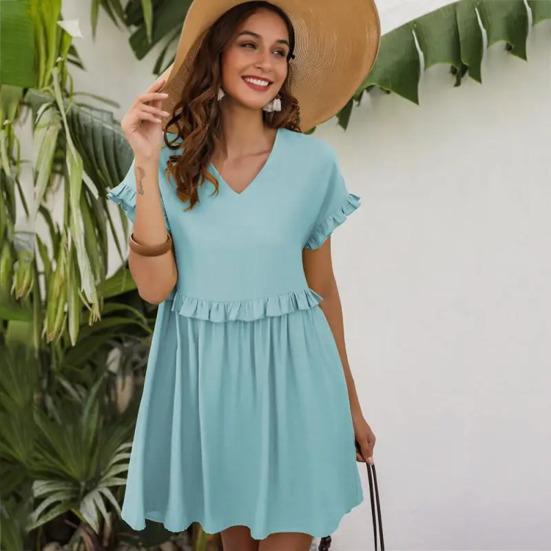 Casual Solid V-neck Women Dress Summer Short Sleeve Ruffle High Waist A-line Loose Mini Dresses Fashion Holiday Female Dress