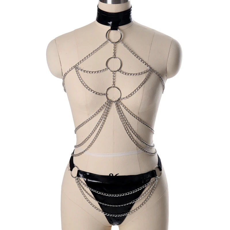 Glossy Leather Sexy Lingerie Bondage Harness Erotic Women Goth Open Chest Clothing Punk Body Chain BDSM Sex Cupless BRA Fetish