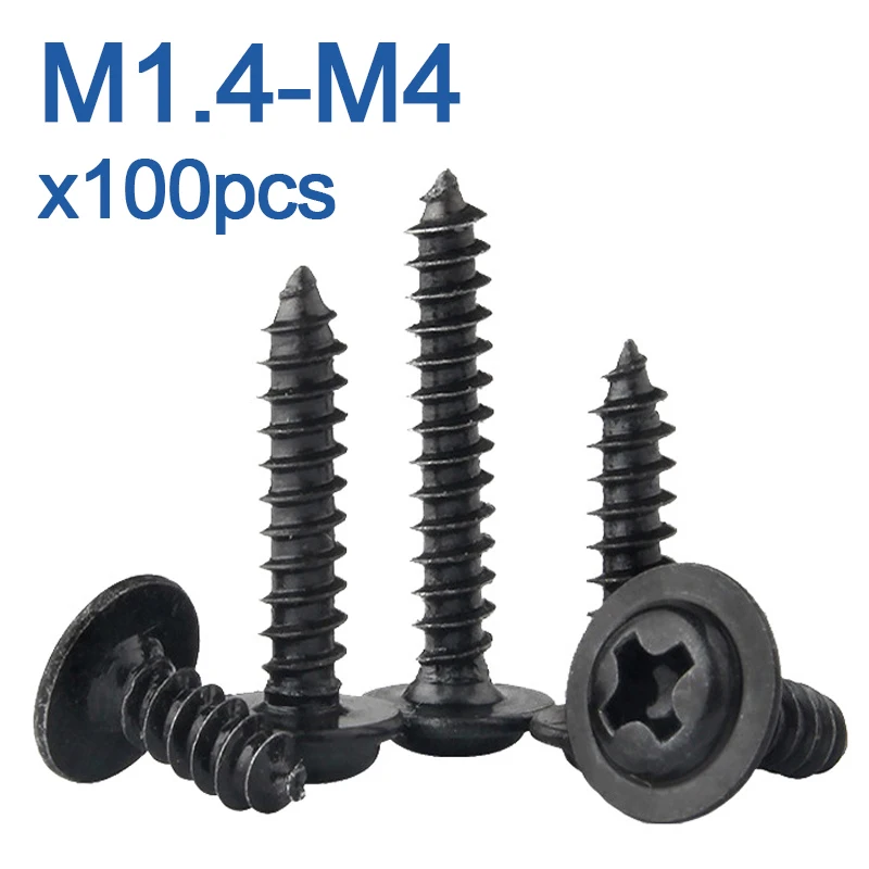 100pcs/lot Black Self-tapping Screw Pan Head PWA Cross Round Head With Washer Cushion M1.4 M1.7 M2 M2.3 M2.6 M3 M3.5 M4