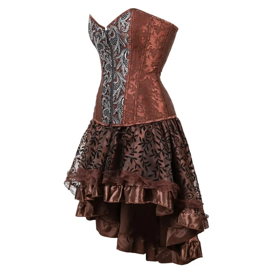 Women Steampunk Pirate Costume Floral Corset Dress Vintage Corset Overbust Top Bustier Lingerie With Asymmetrical Lace Skirt