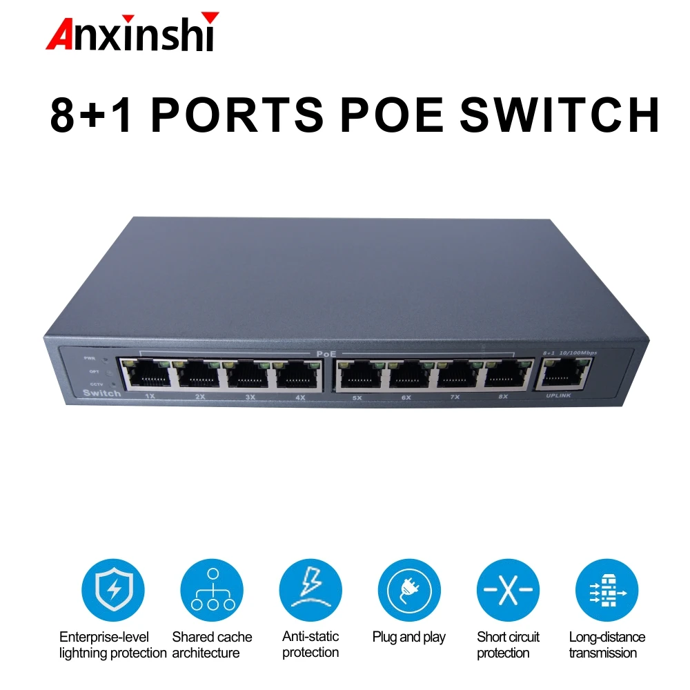 

POE switch 48V with 8 100Mbps Ports IEEE 802.3 af/at ethernet switch Suitable for IP POE camera POE distance:Max 250m